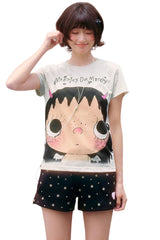 MEDM X YUY Yu Big Face Print Women Slim Fit Crew Neck T-Shirt