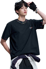 BJHG Unisex Heavyweight‑Cotton Embroidered Short‑Sleeve Tee, American Retro Loose‑Fit Couple Top