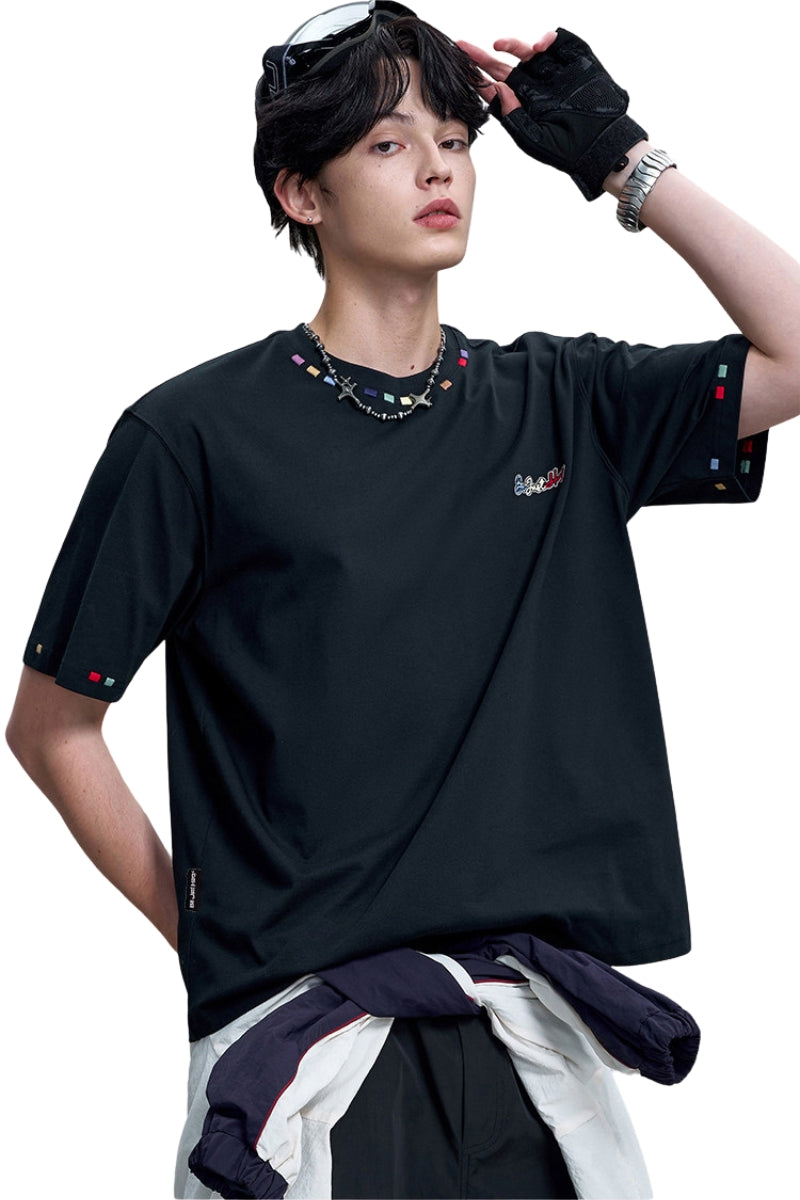 BJHG Unisex Heavyweight‑Cotton Embroidered Short‑Sleeve Tee, American Retro Loose‑Fit Couple Top