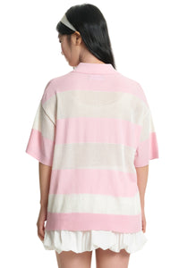 Dangerouspeople DSP Hollow‑Out Embroidery Spliced Stripe Loose Polo Tee
