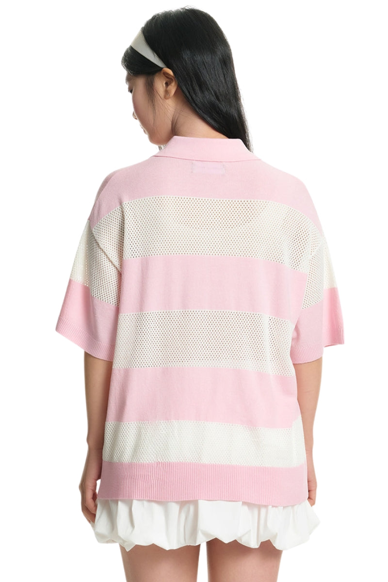 Dangerouspeople DSP Hollow‑Out Embroidery Spliced Stripe Loose Polo Tee