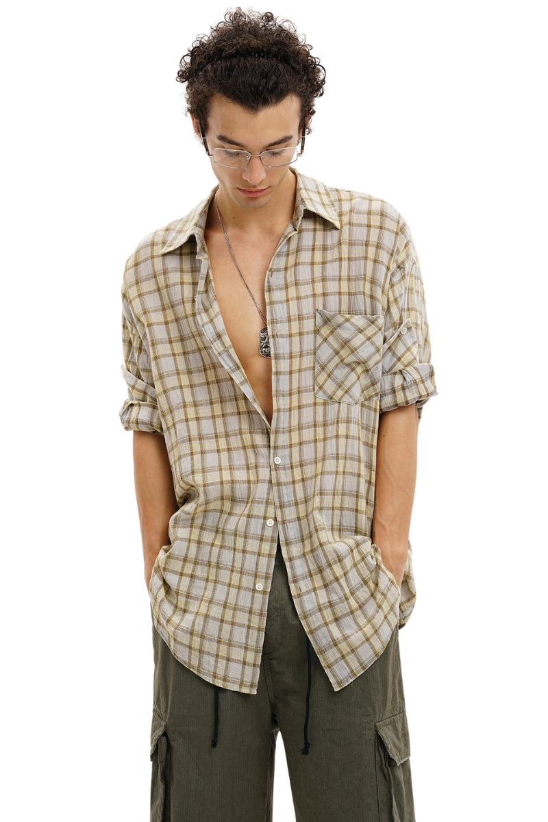 MASONPRINCE Camp Flocked Print Plaid Lightweight Shirt