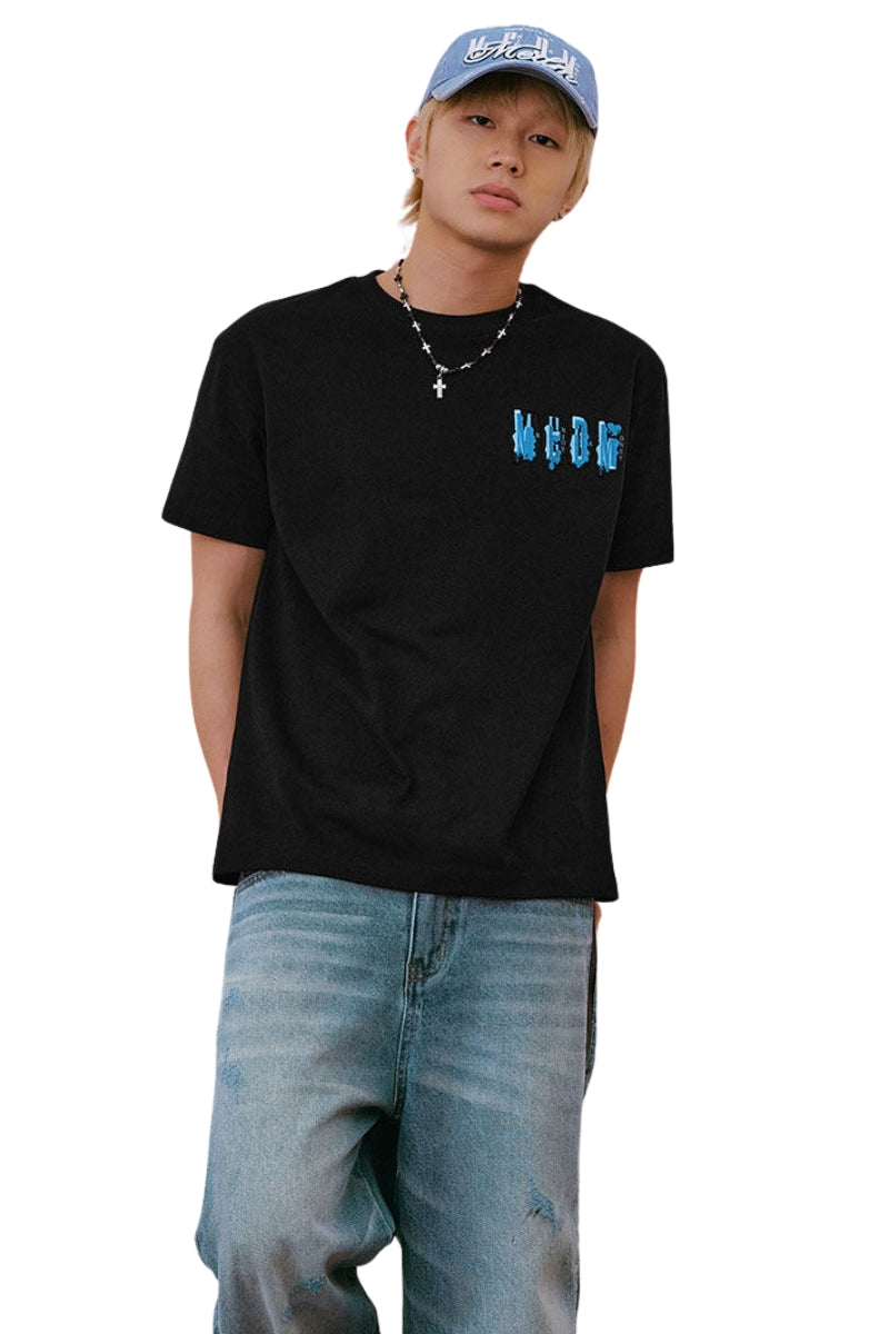 MEDM MELTING ICE Patch Letter Print Crew Neck Casual Couple Tee