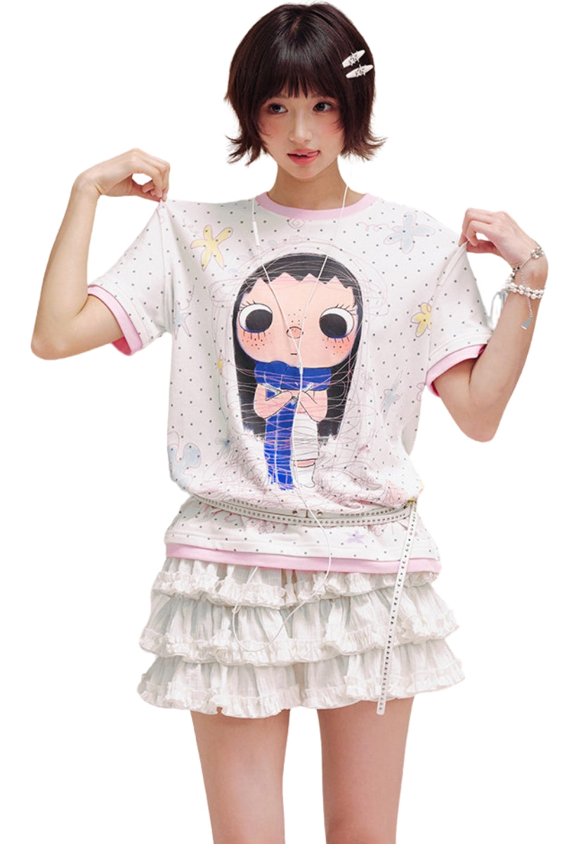 MEDM YUY Yu Contrast Trim Neck Cuff Women Cute Crew Neck T-Shirt