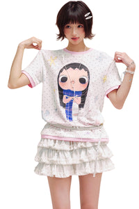 MEDM YUY Yu Contrast Trim Neck Cuff Women Cute Crew Neck T-Shirt