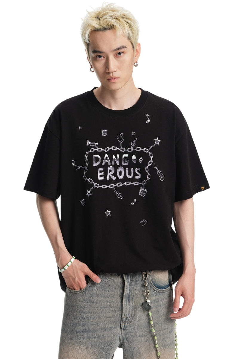 Dangerouspeople DSP Small‑D Note Metal Chain Loose Streetwear T‑Shirt