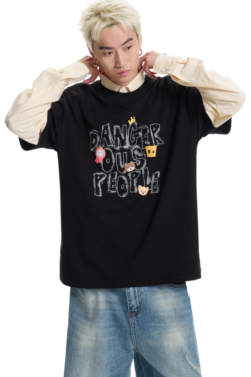 Dangerouspeople｜Graffiti Font Print Loose Oversized Cotton T‑Shirt