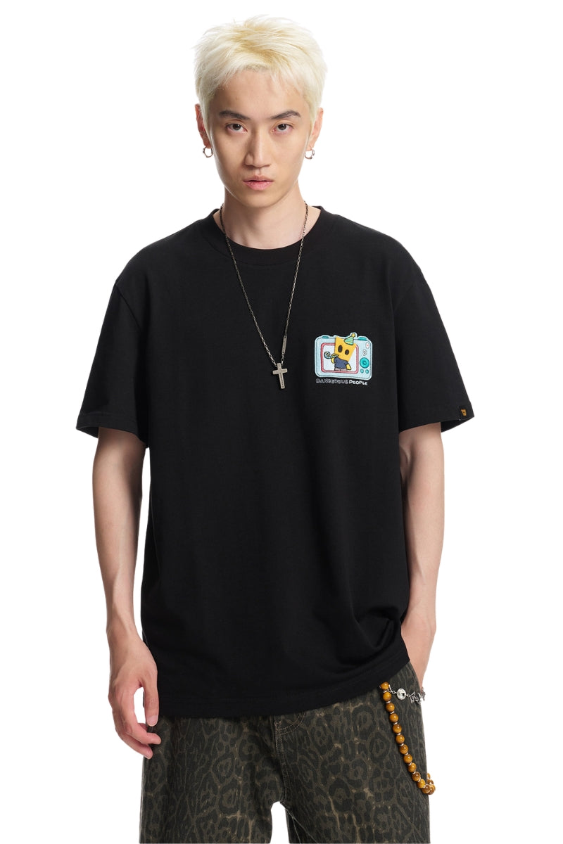 Dangerouspeople｜Fun Small‑D Camera Print Drop‑Shoulder Couple T‑Shirt