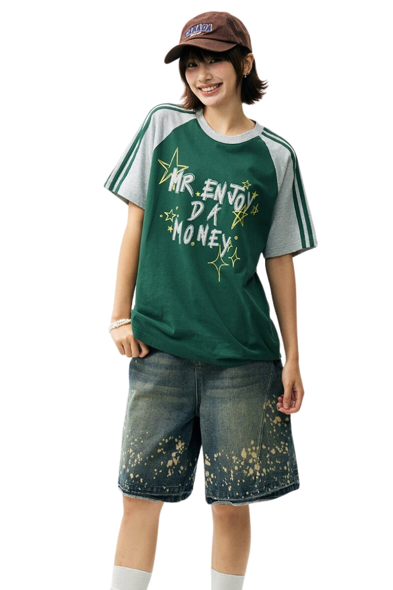 MEDM Color Block Graffiti Raglan Striped Unisex T-Shirt