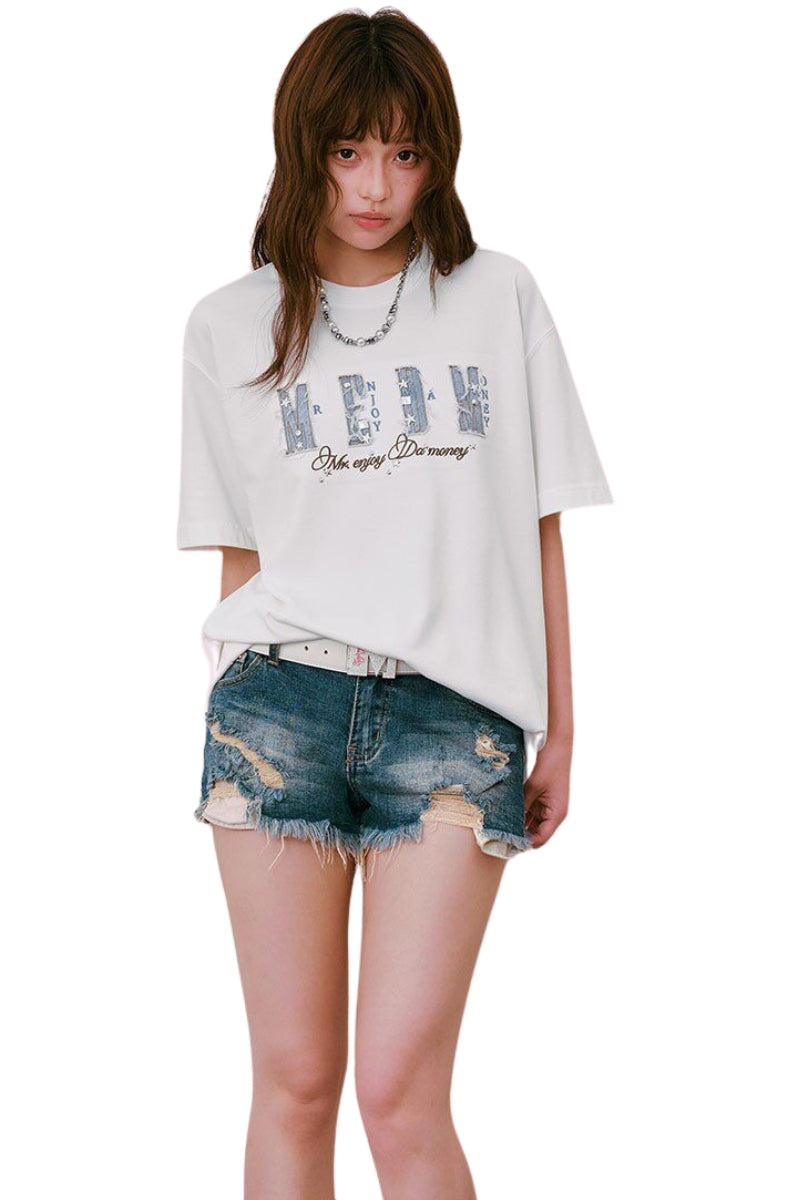 MEDM Vintage Denim Patch Rhinestone Crew Neck Tee