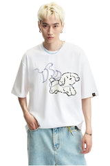 Dangerouspeople DSP Cording Embroidery Letter Puppy T‑Shirt Loose Casual Streetwear Unisex Tee