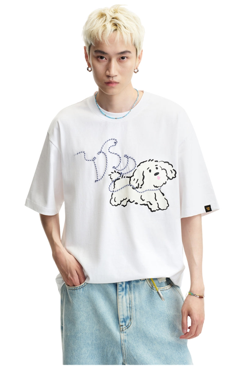 Dangerouspeople DSP Cording Embroidery Letter Puppy T‑Shirt Loose Casual Streetwear Unisex Tee
