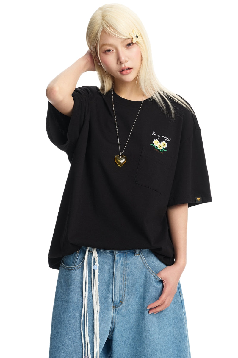 Dangerouspeople DSP Embroidered Flower Pocket Loose Cotton Tee