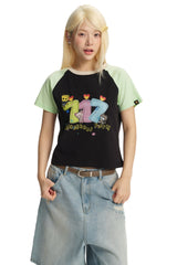 DangerousPeople｜Fun Letter Print Color‑Block Raglan Cotton T‑Shirt