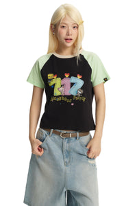 DangerousPeople｜Fun Letter Print Color‑Block Raglan Cotton T‑Shirt