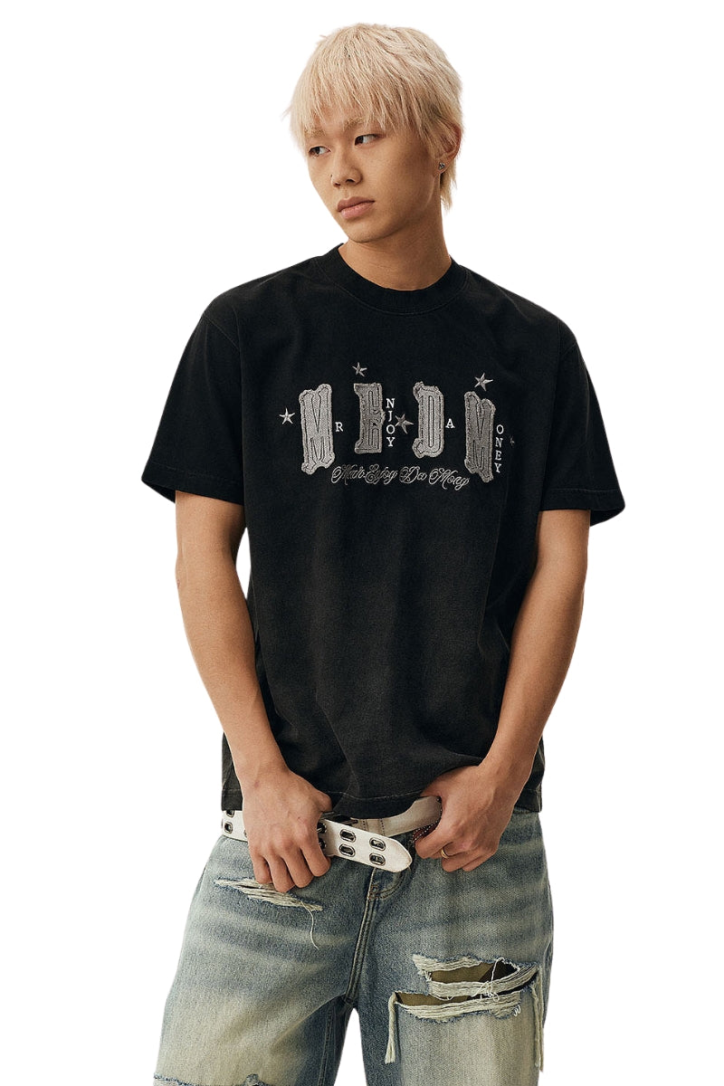 MEDM Casual Loose Fit Appliqué Logo Crew Neck Unisex Tee