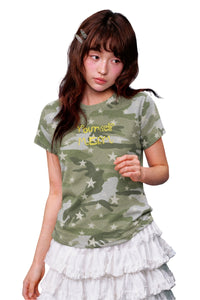 MEDM Slogan Print Camo Star All Over Print Streetwear Short Sleeve Tee