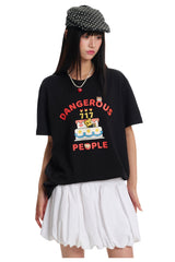 DangerousPeople DSP｜Fun Cartoon Mini‑D Print Heavyweight 100% Cotton Drop‑Shoulder T‑Shirt