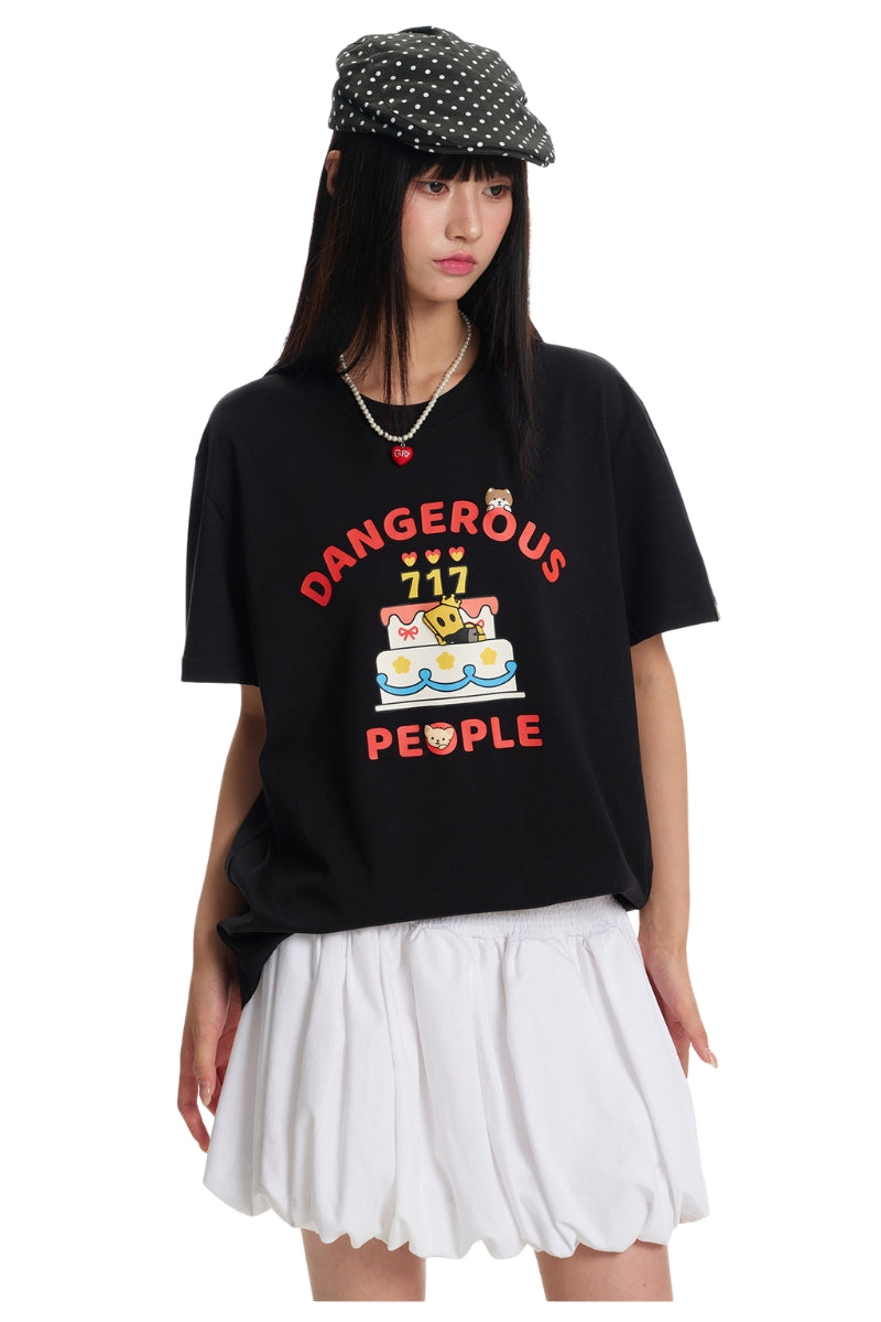 DangerousPeople DSP｜Fun Cartoon Mini‑D Print Heavyweight 100% Cotton Drop‑Shoulder T‑Shirt