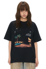 AFGK Vintage Night Print Tee Unisex American Street Loose T-shirt