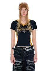 BJHG Women Retro V‑Neck T‑Shirt Summer Slim Waist Casual American Streetwear Top