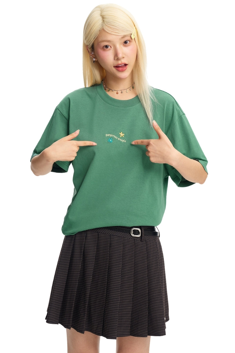 Dangerouspeople DSP Fun Embroidery Small Flower Loose Unisex T‑Shirt
