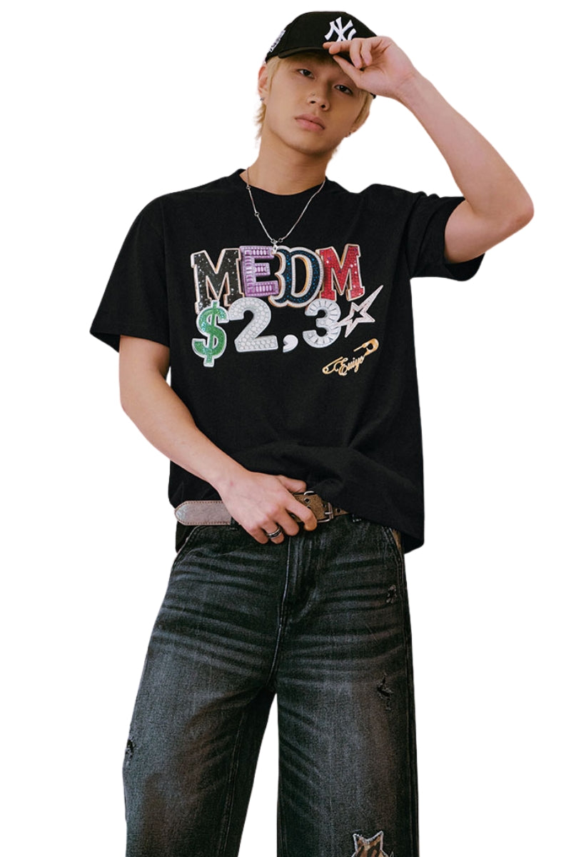 MEDM Jewel Letter Heat Set Print Sorona Cooling Sun Protection Couple Tee