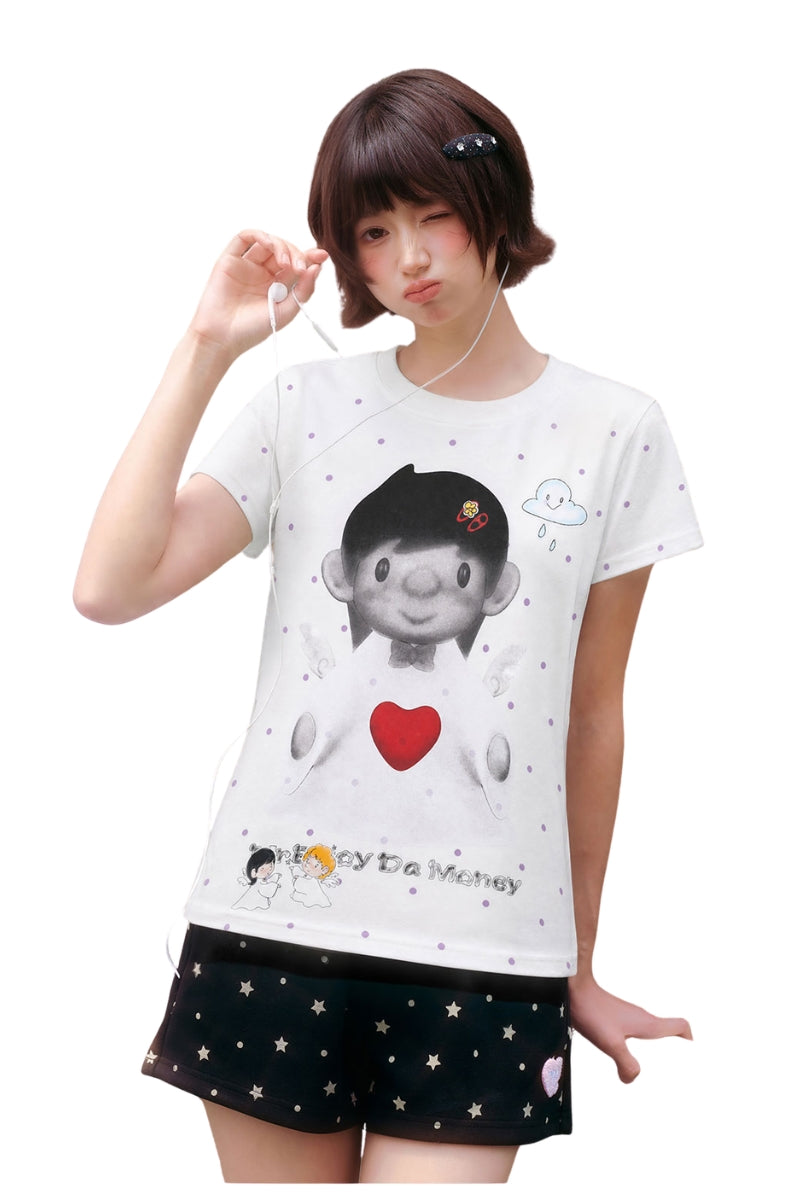 MEDM Women 3D Angel Heart Polka Dot Allover Print Slim Tee
