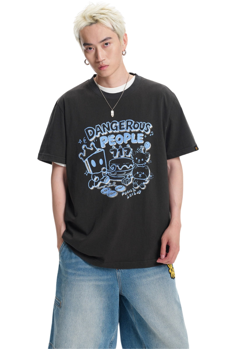 DangerousPeople DSP Mini‑D Home Hand‑Drawn Washed Tee Retro Texture Couple T‑Shirt
