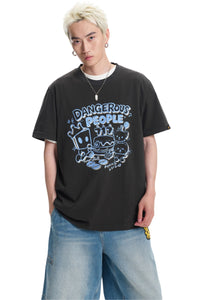 DangerousPeople DSP Mini‑D Home Hand‑Drawn Washed Tee Retro Texture Couple T‑Shirt