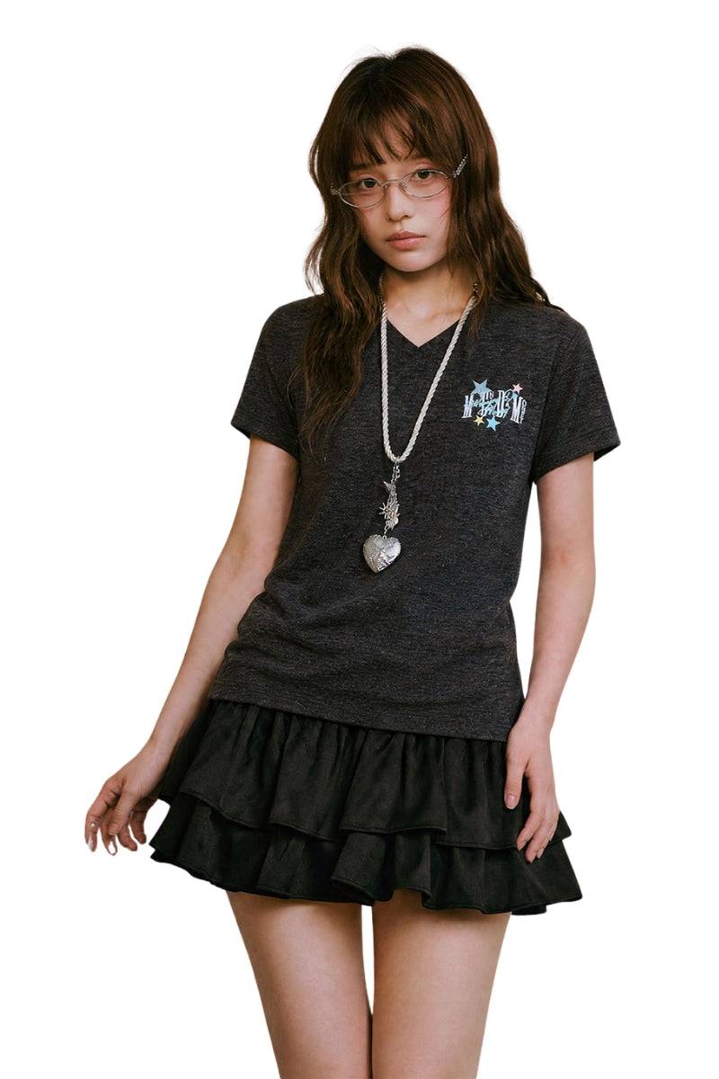 MEDM Cropped V-Neck Star Swirl Patch Embroidery Slim Top