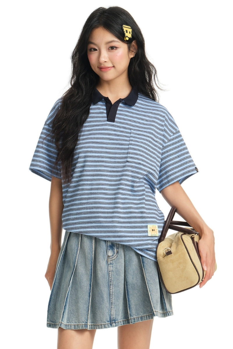 Dangerouspeople DSP Stripe Woven‑Label Loose Drop‑Shoulder Polo Shirt