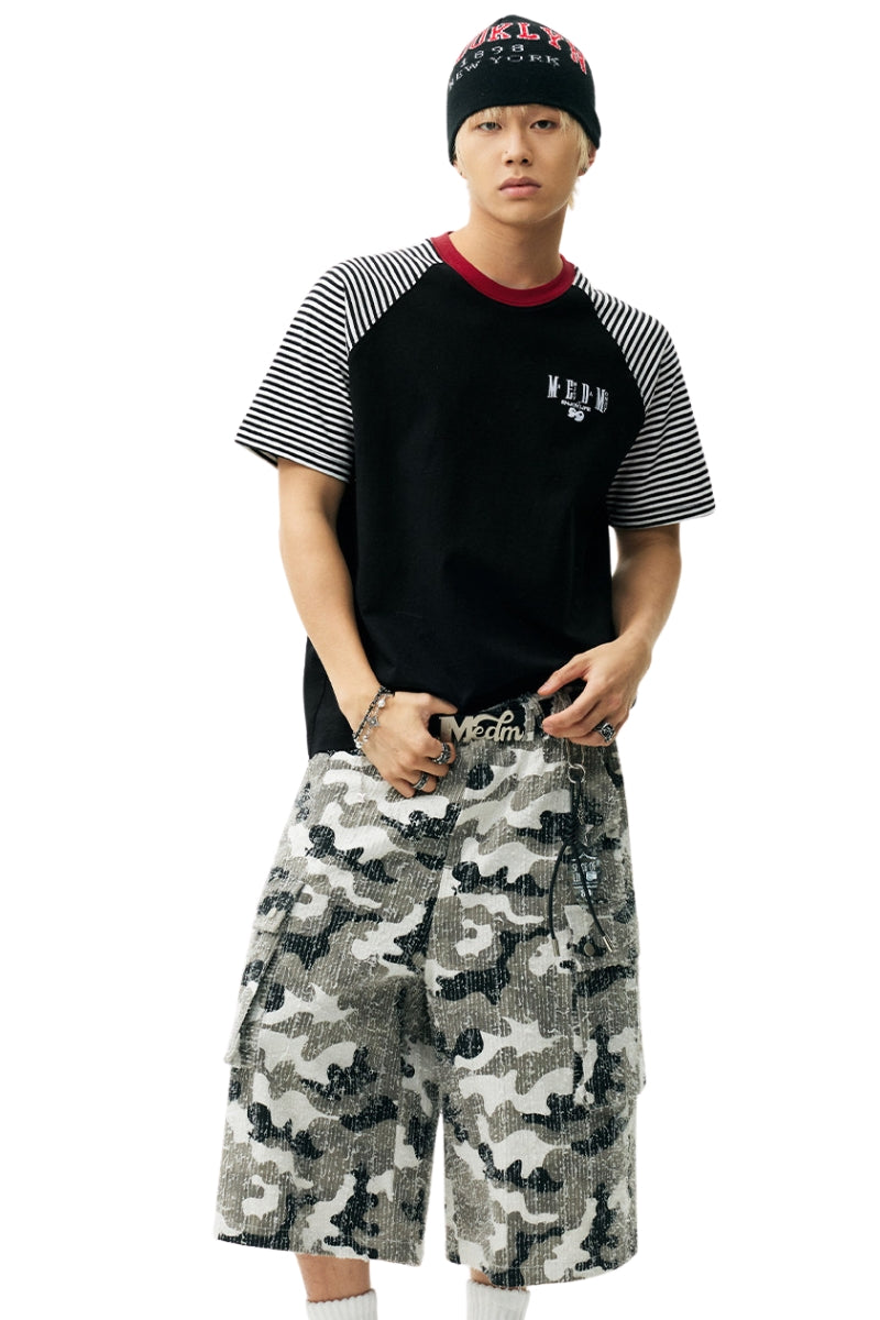 MEDM Stripe Raglan Embroidered Logo Loose T-shirt Men