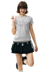 MEDM Rhinestone Cursive Slim Crew Neck Women T-Shirt