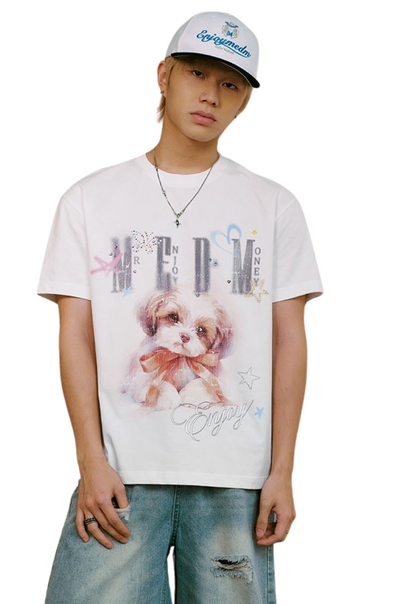 MEDM Color Rhinestone Washed Dog Print Vintage Loose Heavyweight Tee