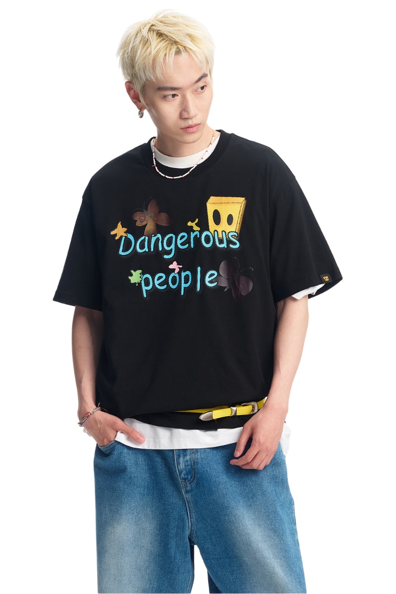 Dangerouspeople DSP Butterfly Paper‑Bag Man Print Cotton Drop‑Shoulder Tee