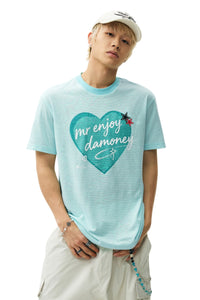 MEDM Striped Heart Letter Print Slim Loose Unisex T-shirt