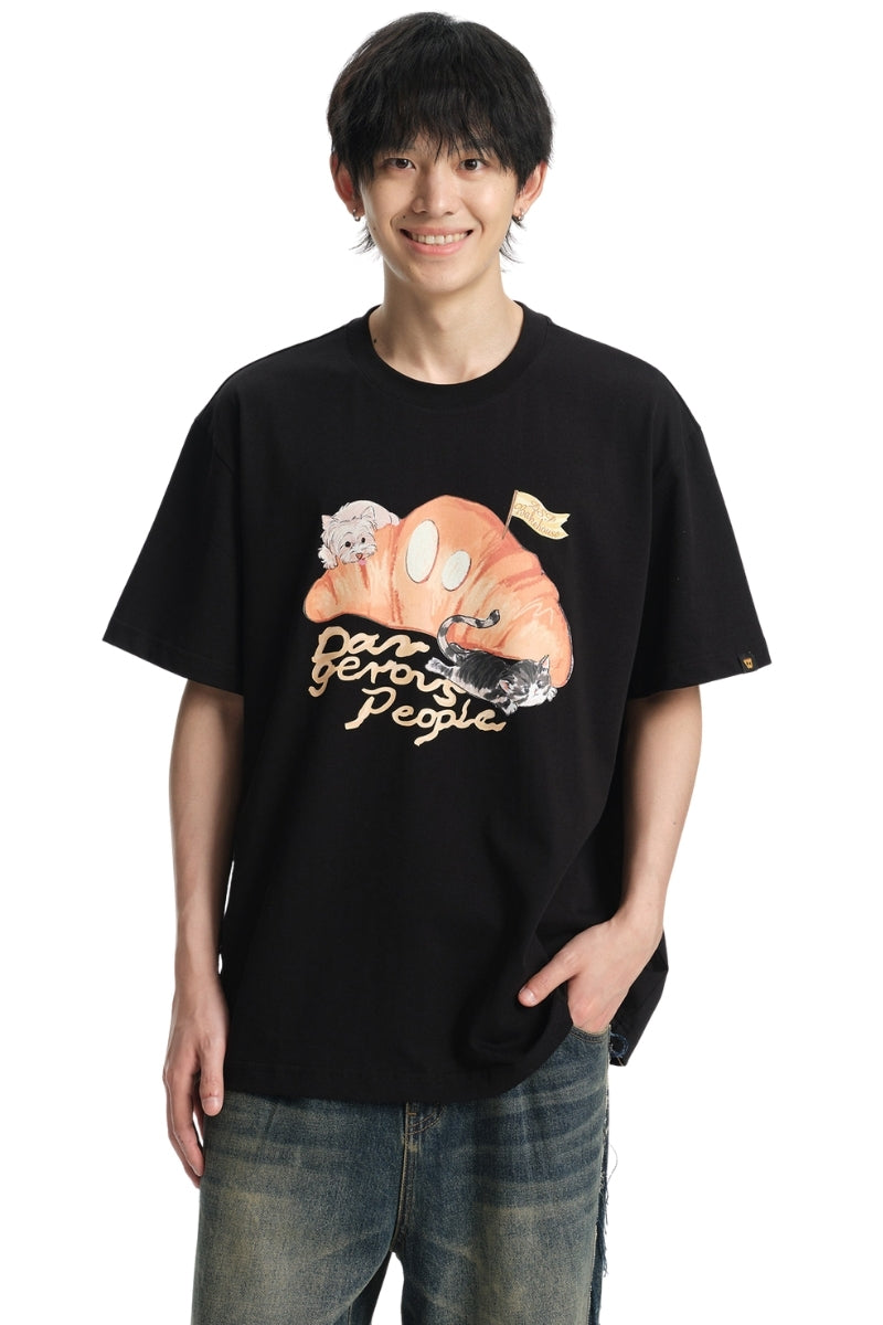 Dangerouspeople DSP Croissant Cat Dog Print Oversized Unisex T‑Shirt