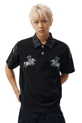 MEDM Letter Embroidered Waffle Spliced Leather Polo T-Shirt