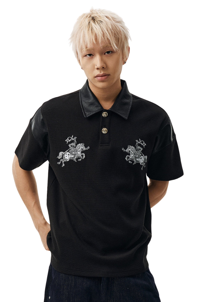 MEDM Letter Embroidered Waffle Spliced Leather Polo T-Shirt