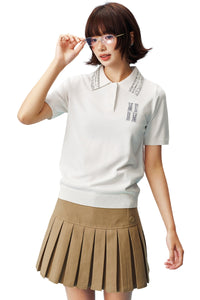 MEDM Casual Loose Fit Sequin Polo Collar Women's Tee