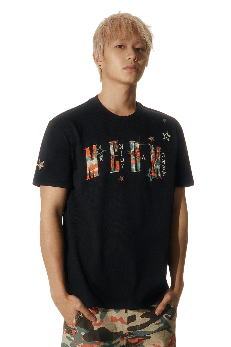 MEDM Relaxed Fit Camouflage Letter Rhinestone Streetwear Tee