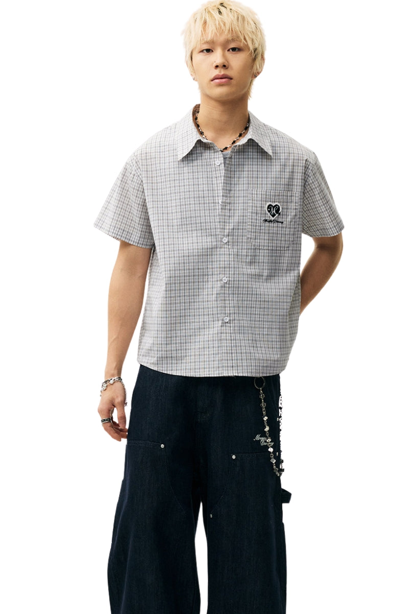 MEDM Heart Brush Embroidery Plaid Loose Short Sleeve Shirt