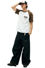 MEDM Contrast Raglan Leopard Leather Patch Vintage Tee