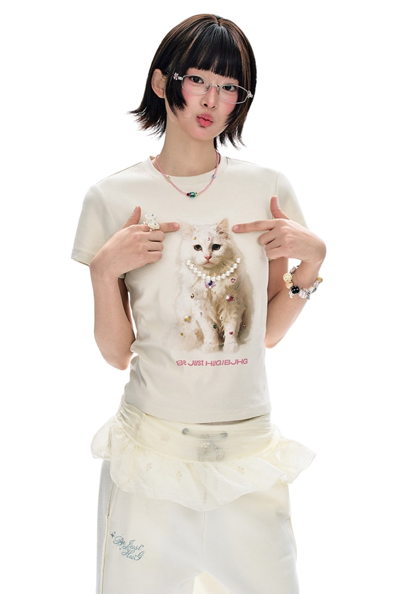 BJHG Exquisite Cat Print True‑Shoulder Fitted Tee Women Summer Designer Short Sleeve Top