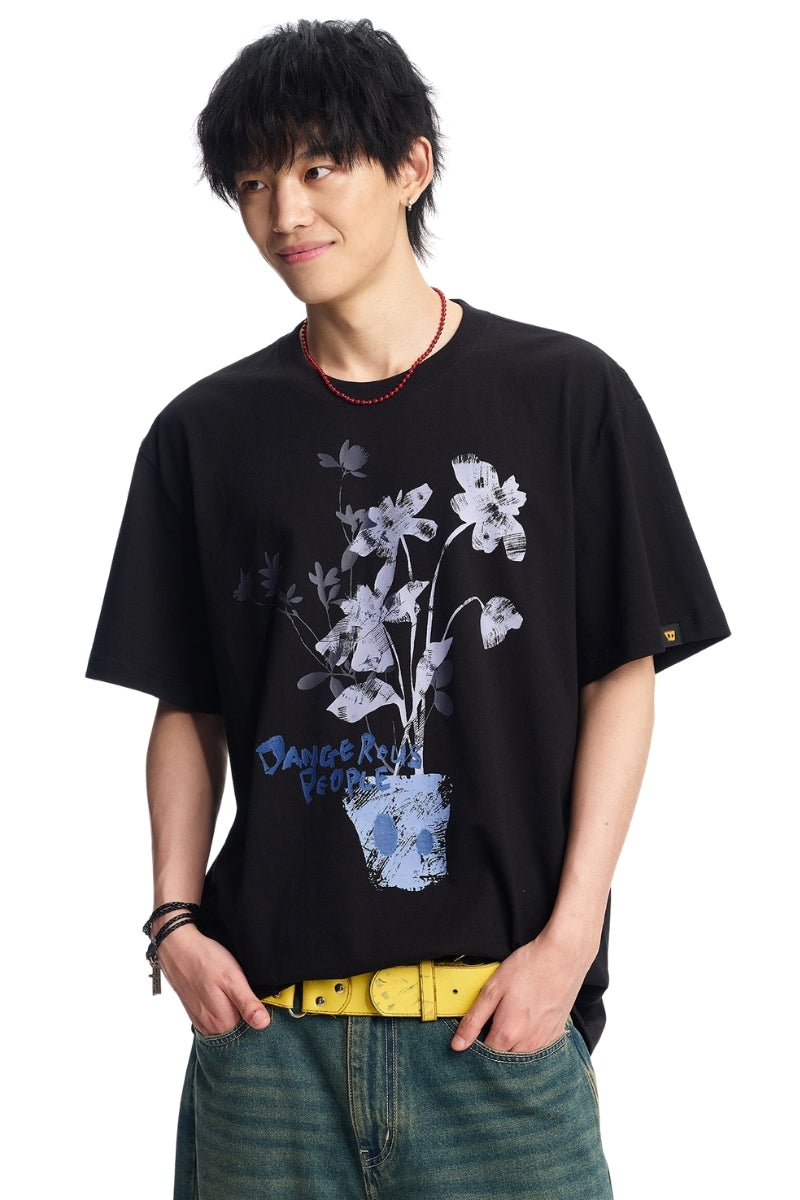 Dangerouspeople DSP Rub‑Print Hand‑Drawn Flower Graffiti Loose T‑Shirt
