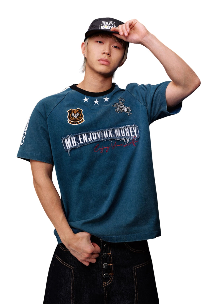 MEDM Denim Patch Embroidery Washed Tee