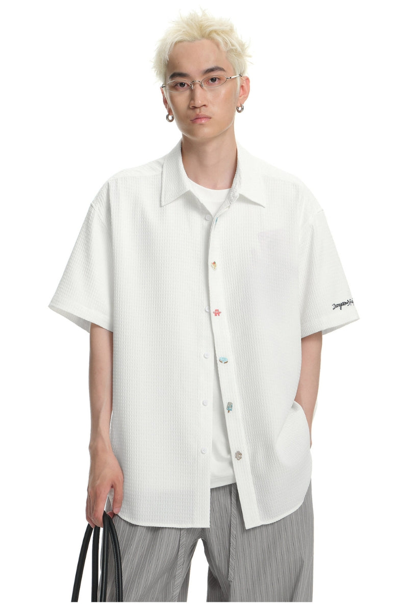 Dangerouspeople DSP Waffle‑Knit Puzzle Dessert Embroidered Casual Open Shirt