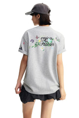 MEDM 3D Butterfly Magnolia Embroidered Oversized Couple Crew Neck T-Shirt