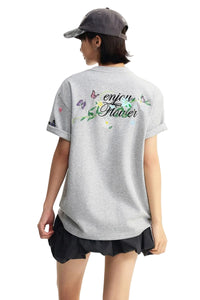 MEDM 3D Butterfly Magnolia Embroidered Oversized Couple Crew Neck T-Shirt